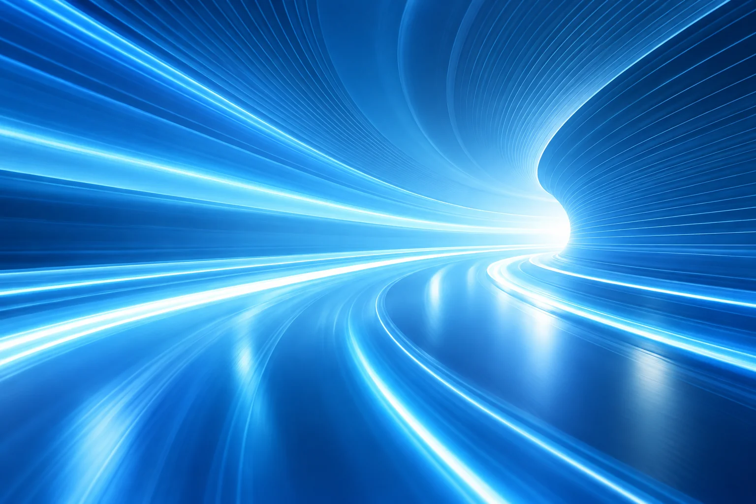 Blue light trails following a curved tunnel toward a bright focal point
