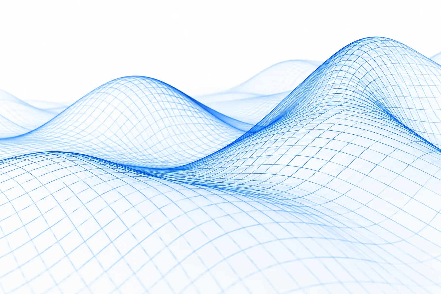 Fine blue wireframe lines forming gentle waves on white