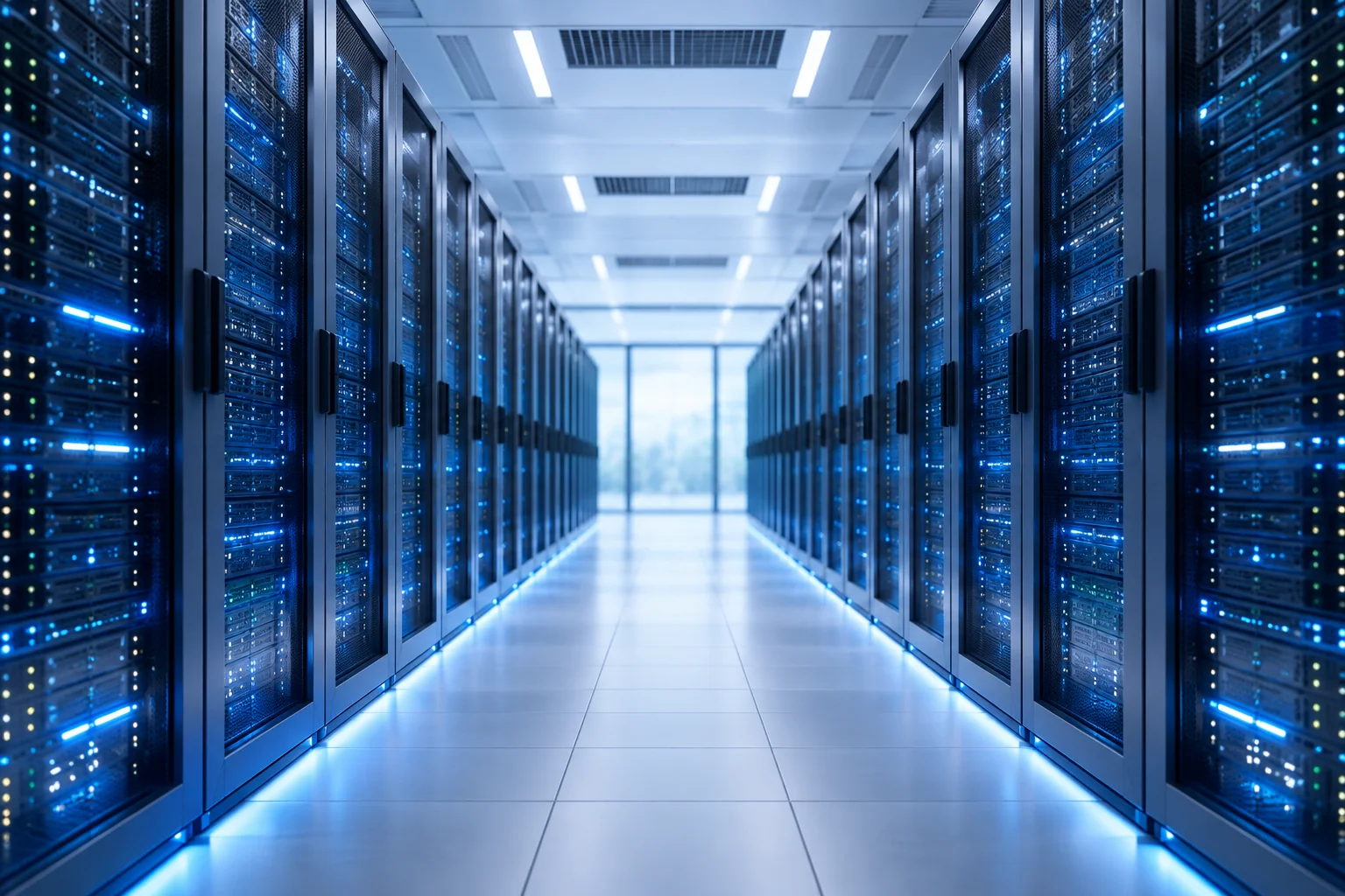 A symmetrical aisle of server racks with blue lighting